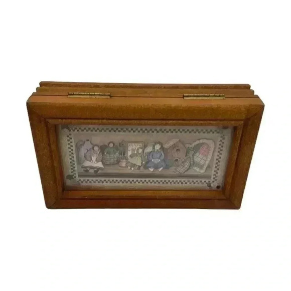 Wooden Jewelry Box Rag Dolls on Shelf Folk Art Print Hinged Lid Country Vintage - Picture 2 of 9